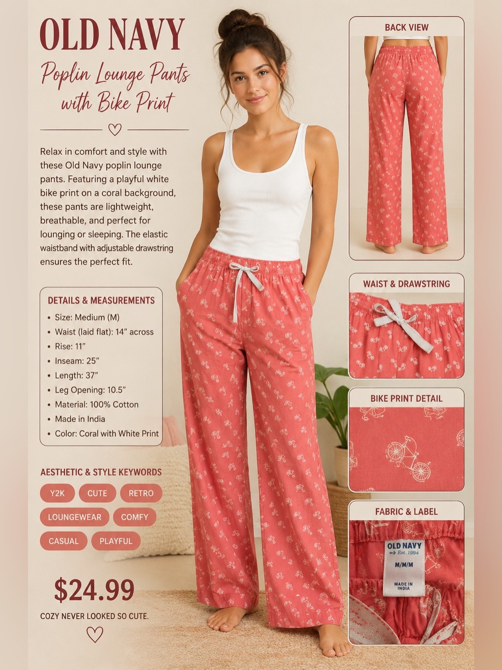 Old Navy Coral Pink Drawstring Lounge Pants with White Print